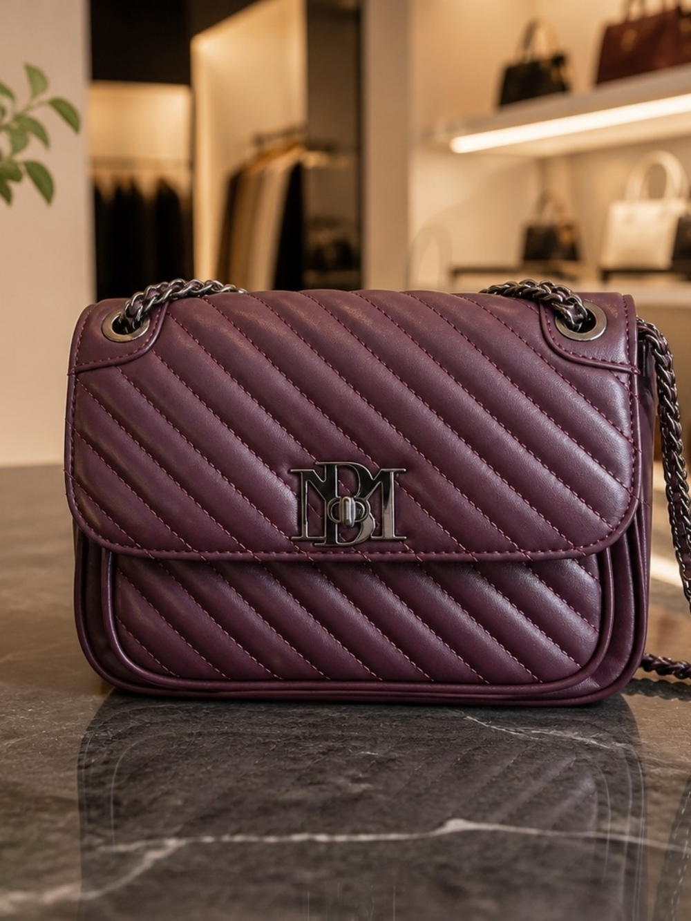 Badgley Mischka Quilted Plum Shoulder Bag with Chain Strap
